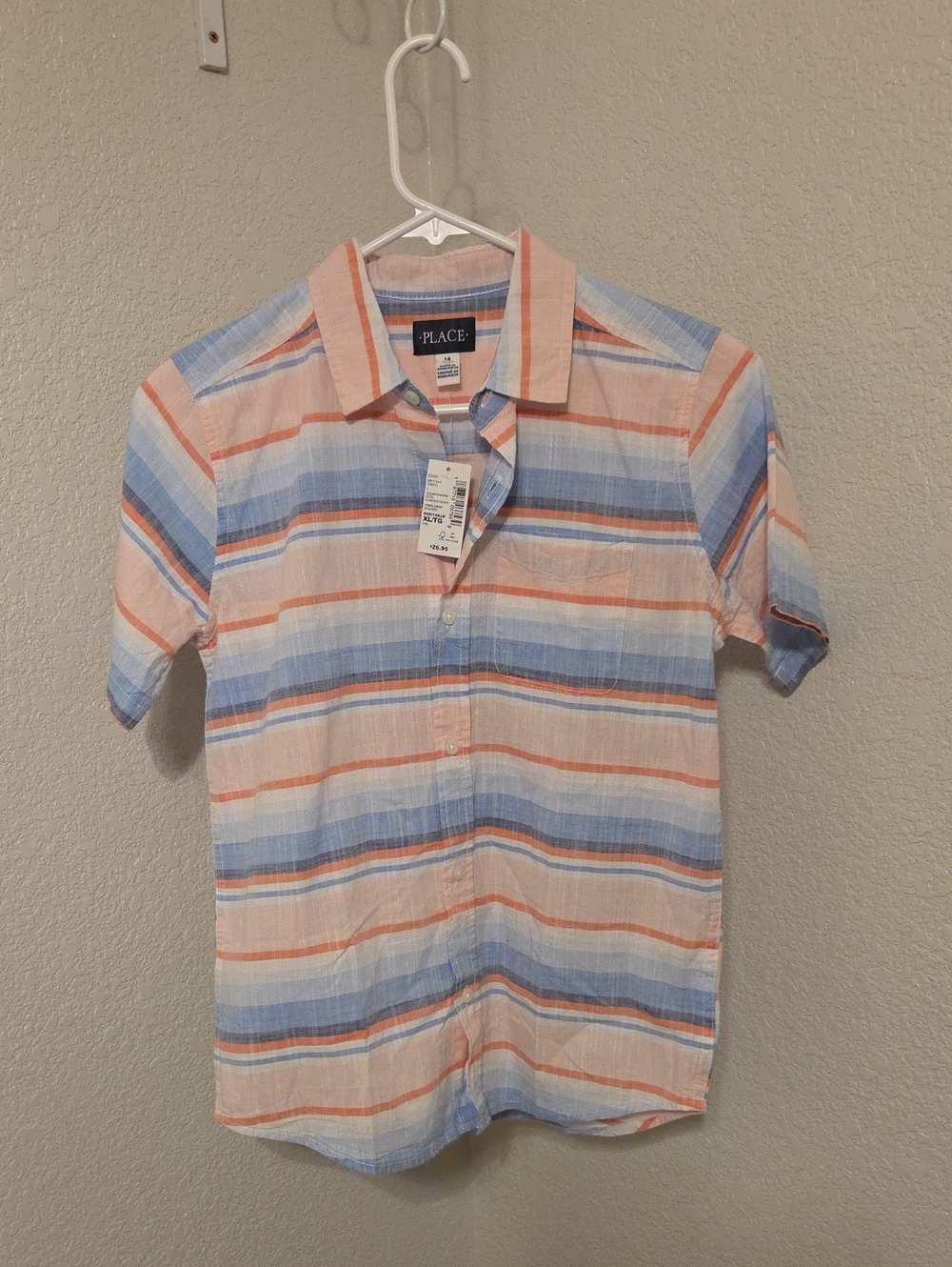 The Children's Place Short Sleeve Striped Button-Up Shirt - Blue & Peach